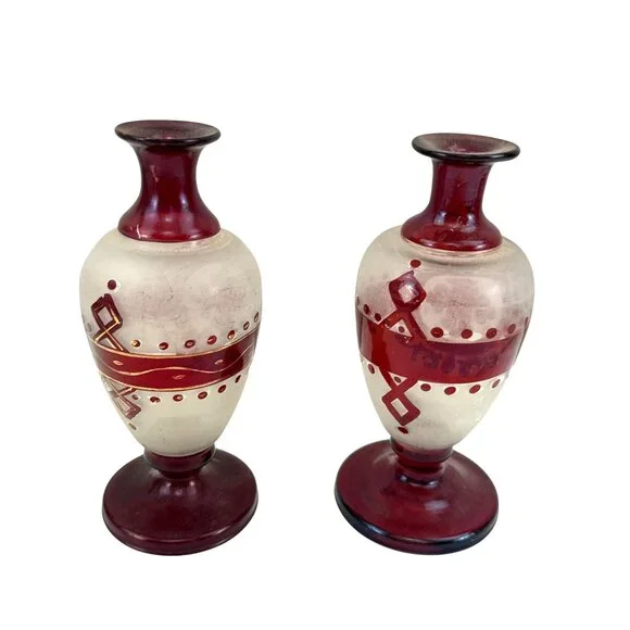 Antique Bohemian Ruby Glass Vases Pair Handblown Red Floral Design 7 Tall